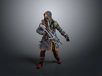 Hooded Character With Rifle And Mystical Creature In Gray Orange Robe Design 3d model