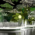 Lush Green Themed Banquet Hall With Leaf Shaped Decor White Tablecloths And Flower Centerpieces 3d model