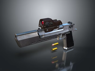 Tactical Silver Pistol With Red Dot Scope And Ammunition On Reflective Surface 3d model