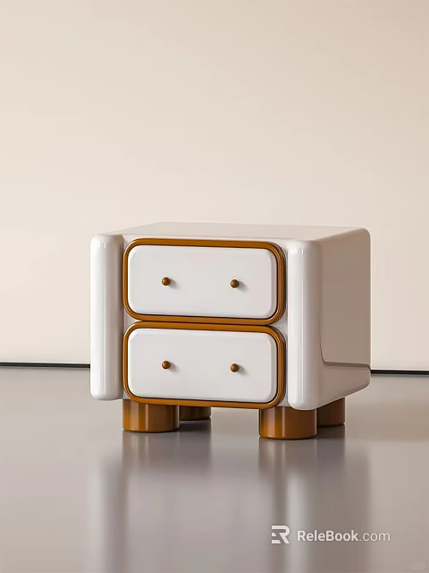 Stylish Modern White Nightstand With Two Drawers Brown Trim And Wooden Legs Design 3d model 