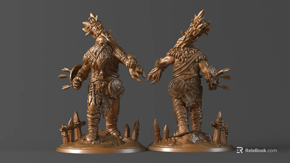 Two Detailed Bronze Figurine Sculpture Carving With Ornate Back And Spire Like Base Elements 3d model 