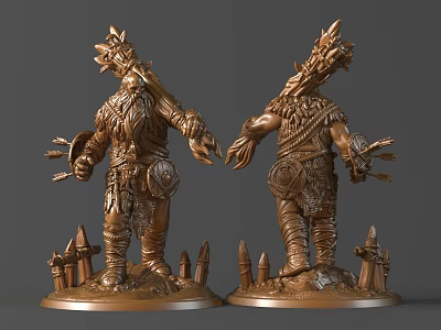 Two Detailed Bronze Figurine Sculpture Carving With Ornate Back And Spire Like Base Elements 3d model