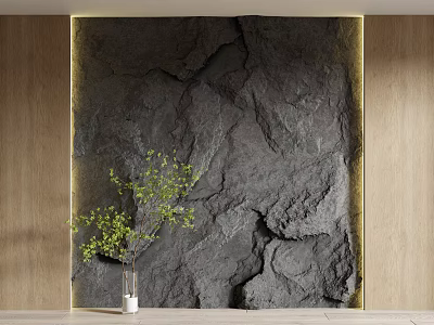 Rustic Rock Texture Background Wall With Golden Frame And Green Plant In White Vase 3d model