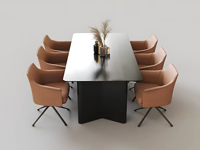 Modern Dining Table Set Featuring Black Tabletop Eight Beige Chairs And Decorative Pampas Grass Vase 3d model