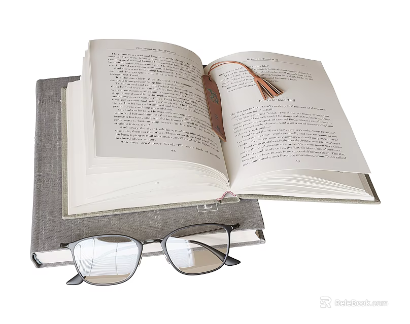 Open Hardcover Book With Tassel Bookmark And Glasses On Gray Cover Book 3d model 