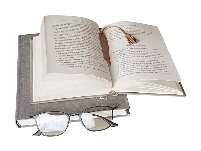 Open Hardcover Book With Tassel Bookmark And Glasses On Gray Cover Book 3d model