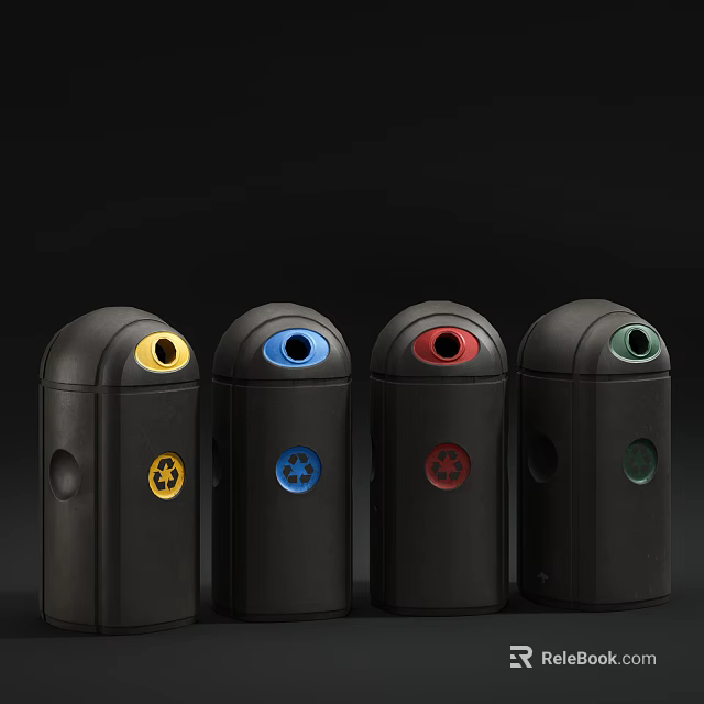 Four Black Public Trash Bins With Yellow Blue Red Green Openings For Waste Sorting 3d model 