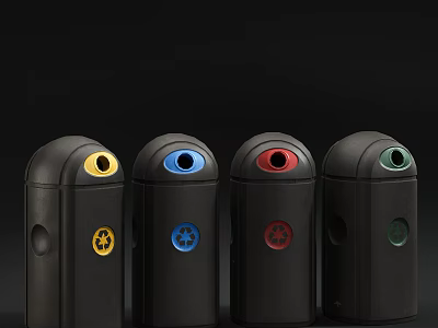 Four Black Public Trash Bins With Yellow Blue Red Green Openings For Waste Sorting 3d model
