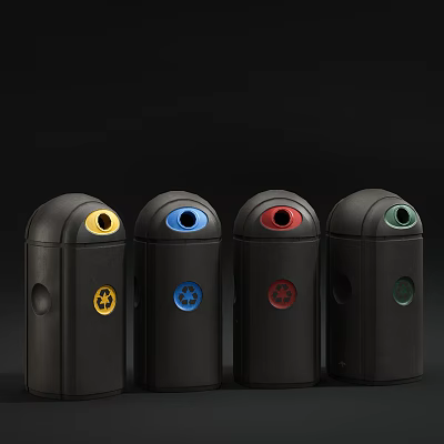 Four Black Public Trash Bins With Yellow Blue Red Green Openings For Waste Sorting 3d model