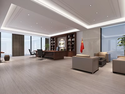 Spacious Modern Office Interior With Large Windows Wooden Flooring Desk Chairs Bookshelf Flag And Sofa 3d model