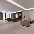 Spacious Modern Office Interior With Large Windows Wooden Flooring Desk Chairs Bookshelf Flag And Sofa