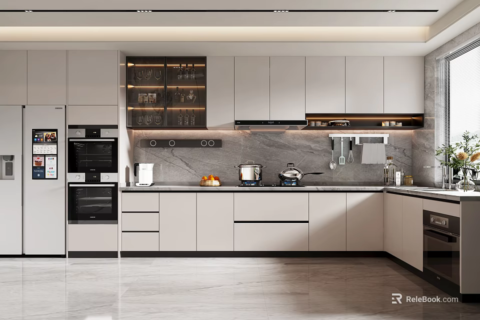 Modern Kitchen Interior With White Cabinets Built-in Appliances And Sleek Countertop 3d model 