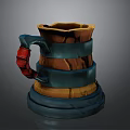 Detailed Decorative Wooden Mug With Blue Bands Red Handle And Layered Design