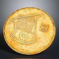 Golden Circular Sculpture Engraving With Harp Design And Floral Patterns