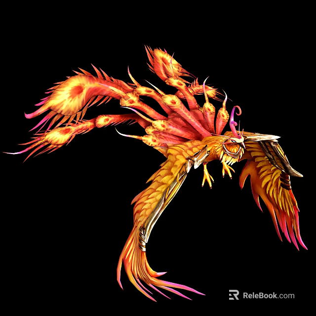 Mythical Flying Phoenix Creature With Flaming Red Gold Feathers And Spread Wings In Dynamic Flight 3d model 