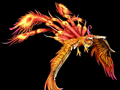 Mythical Flying Phoenix Creature With Flaming Red Gold Feathers And Spread Wings In Dynamic Flight 3d model