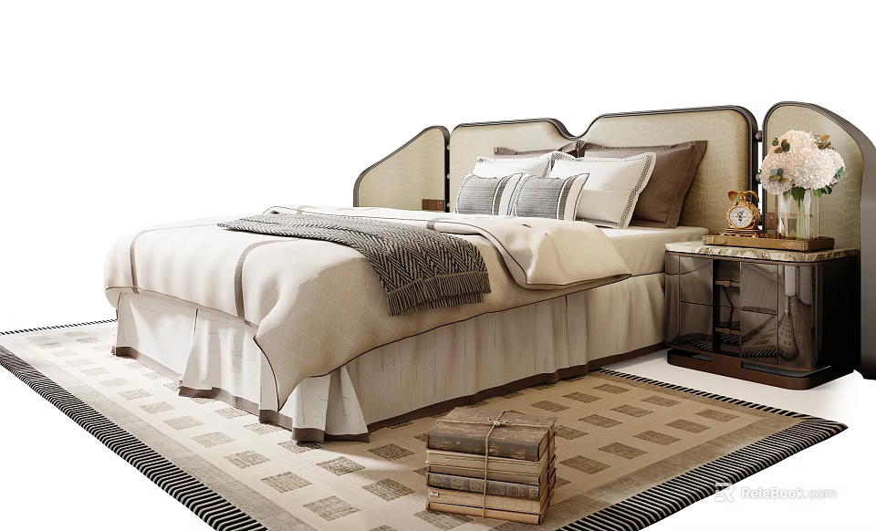 Elegant Double Bed With Upholstered Headboard Beige Bedding Gray Throw Nightstand And Geometric Rug 3d model 