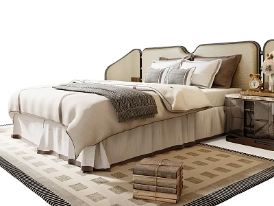 Elegant Double Bed With Upholstered Headboard Beige Bedding Gray Throw Nightstand And Geometric Rug 3d model