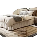 Elegant Double Bed With Upholstered Headboard Beige Bedding Gray Throw Nightstand And Geometric Rug