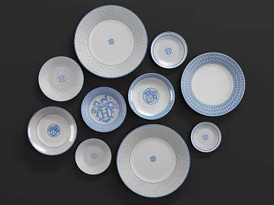 Blue and White Decorative Plate Decoration with Circular Patterns in Various Sizes on Black Background 3d model