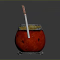 Red And Silver Household Container With Yellow Contents And Wooden Tool