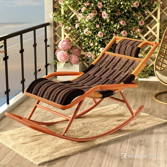 Wicker Rocking Armchair With Wooden Frame Striped Cushion On Balcony With Flowers 3d model 