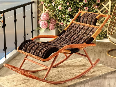 Wicker Rocking Armchair With Wooden Frame Striped Cushion On Balcony With Flowers 3d model
