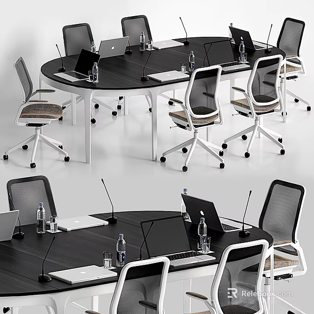 Modern Round Black Conference Table With Office Chairs Laptops Microphones And Water Bottles 3d model 