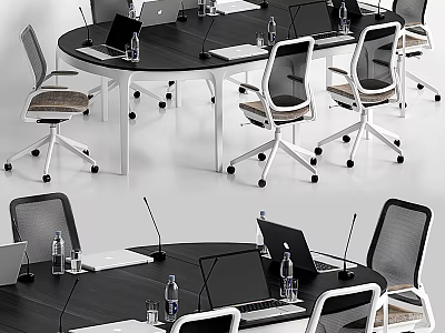 Modern Round Black Conference Table With Office Chairs Laptops Microphones And Water Bottles 3d model