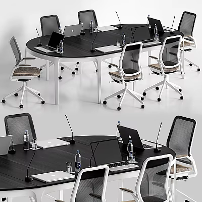 Modern Round Black Conference Table With Office Chairs Laptops Microphones And Water Bottles 3d model