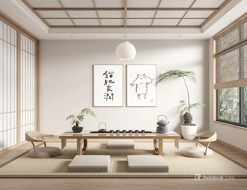 Traditional Japanese Tea Room Interior With Calligraphy Paintings Long Wooden Table And Green Plants 3d model 