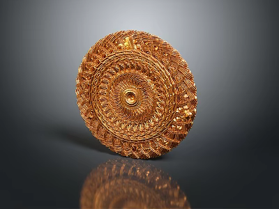 Ornamental Golden Carved Plate With Intricate Circular Patterns And Central Dot 3d model