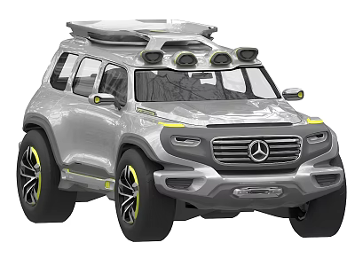 Mercedes Silver SUV Car with Roof Rack Yellow Accent Stripes Off-Road Style LED Headlights 3d model