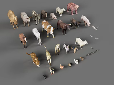 Collection of Various Animal Figurines Displayed in Assorted Sizes and Species 3d model
