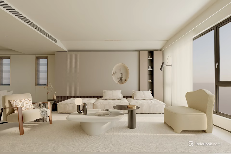 Modern Living Room Interior With White Sofa Round Coffee Table Decorative Art And Floor Lamp 3d model 