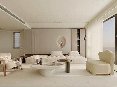 Modern Living Room Interior With White Sofa Round Coffee Table Decorative Art And Floor Lamp 3d model