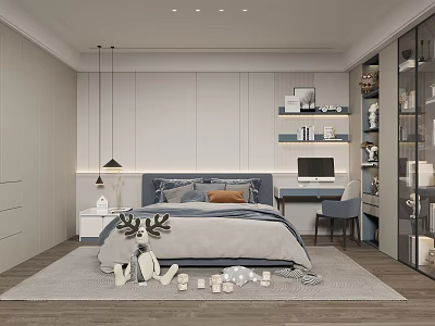 Modern Kids Room Interior With Bed Desk Bookshelf Toys And Soft Rug 3d model