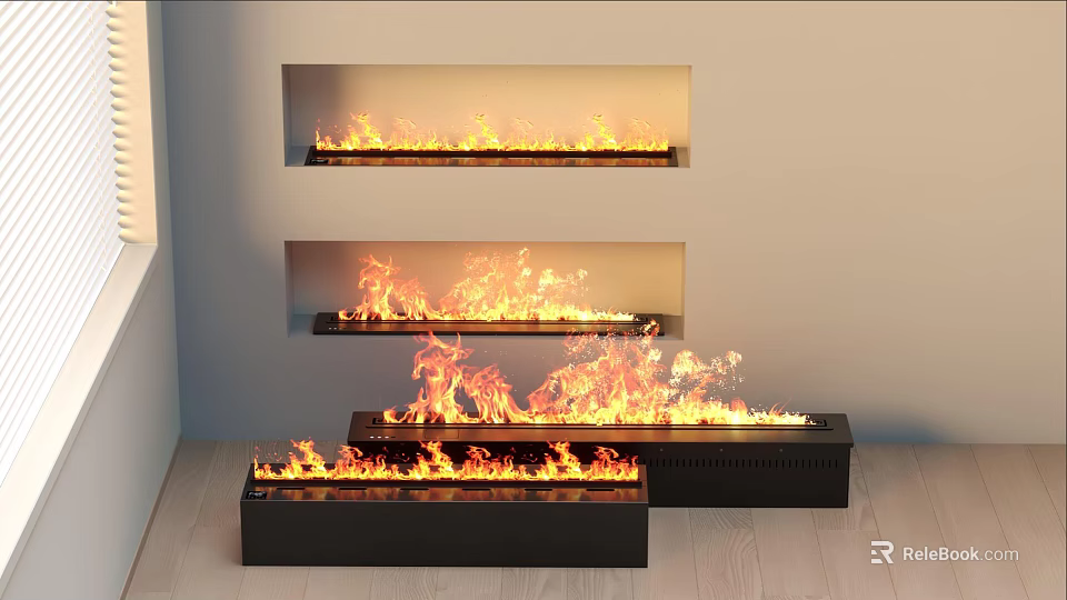 Modern Fireplace Interior Design With Multiple Levels And Bright Burning Flames 3d model