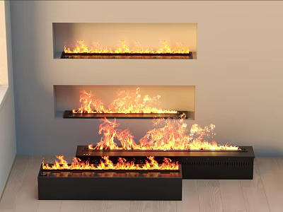 Modern Fireplace Interior Design With Multiple Levels And Bright Burning Flames 3d model