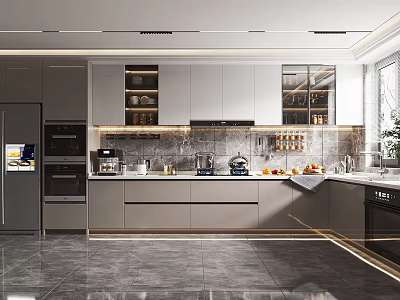 Modern Kitchen Interior Design With Grey Cabinets Appliances And Island Counter 3d model