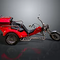 Striking Red Three Wheeled Motorcycle with Sidecar Black Seats and Metal Frame