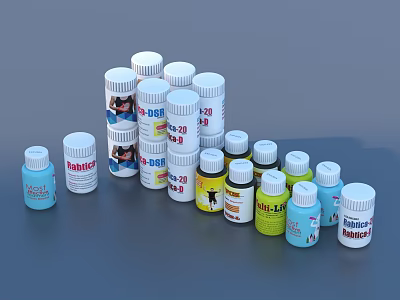 Various Colored Medication Bottles With Pain Relief Vitamin And Antacid Labels 3d model