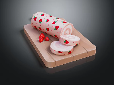 Strawberry Pattern Cake Roll On Wooden Tray With Sliced Pieces And Fresh Strawberries 3d model