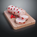 Strawberry Pattern Cake Roll On Wooden Tray With Sliced Pieces And Fresh Strawberries