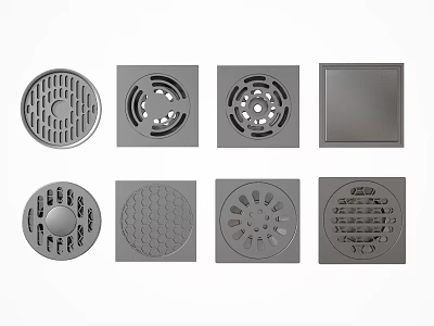 Various Stainless Steel Floor Drain Covers With Decorative Patterns And Grid Designs 3d model