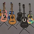Multiple Acoustic Guitars In Diverse Colors On Stands With Unique Designs