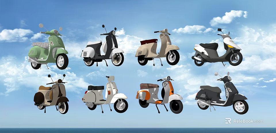 Various Classic Scooter Motorcycles in Different Colors and Styles Against Blue Sky with White Clouds 3d model 
