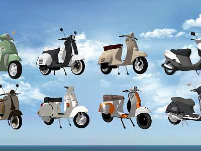 Various Classic Scooter Motorcycles in Different Colors and Styles Against Blue Sky with White Clouds 3d model