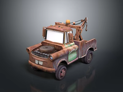 Old Rusty Vintage Tow Truck With Crane Arm And Yellow Warning Light 3d model
