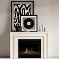 White Fireplace In Living Room With Framed Vinyl Record And Decorative Mantel Items